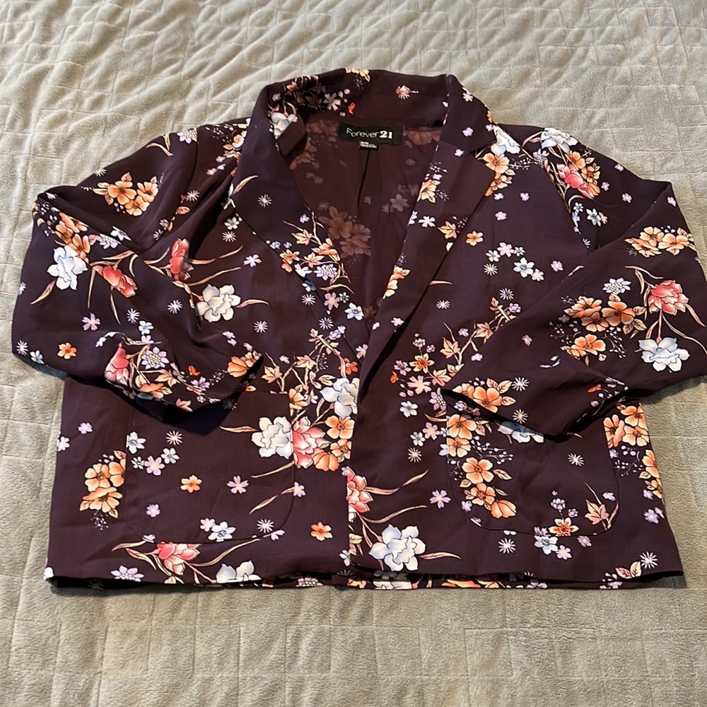 Forever 21 Blazer, Jacket, Plum, Floral, Open Front, Polyester, Boho, Size M